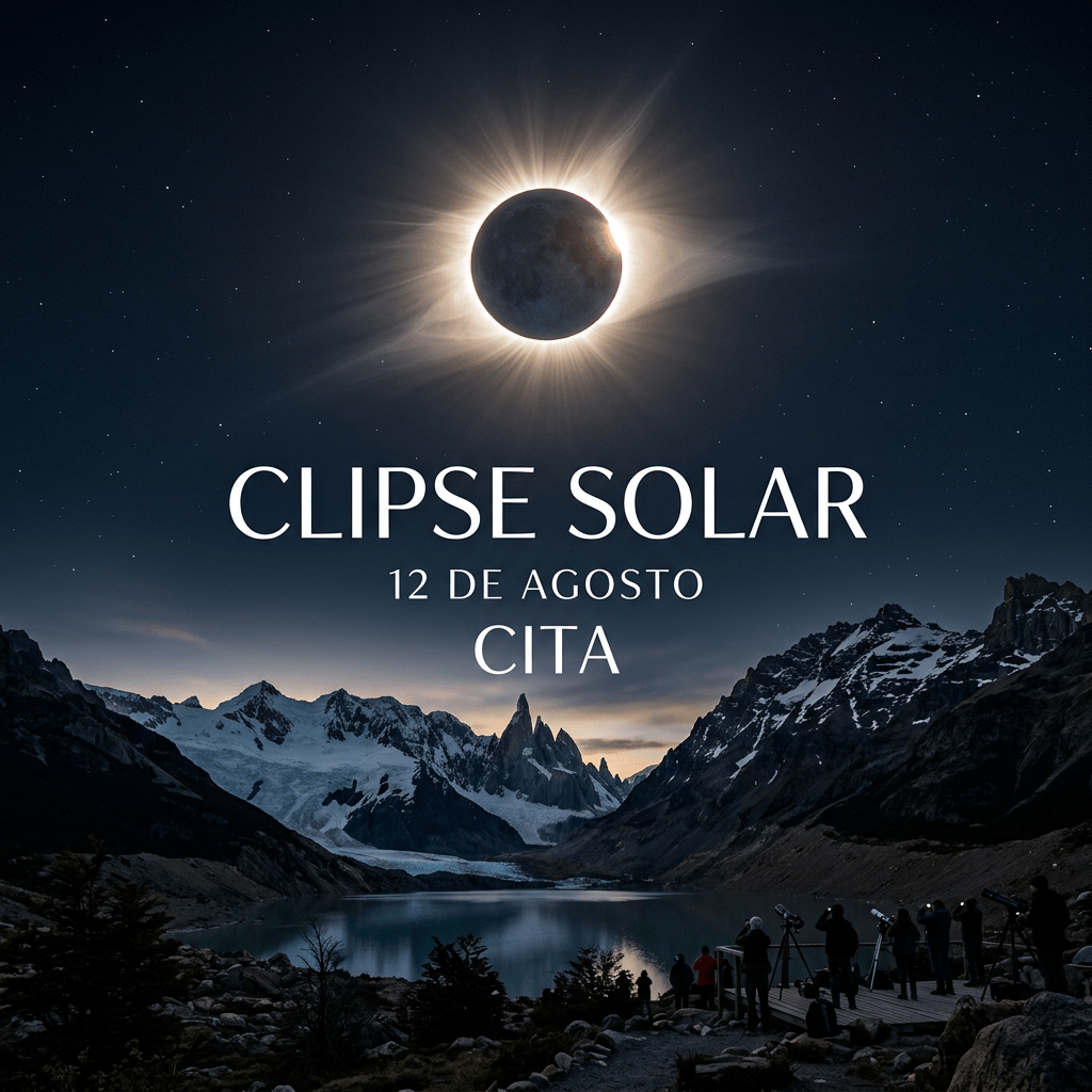 Total solar eclipse above mountainous landscape with observers and telescopes